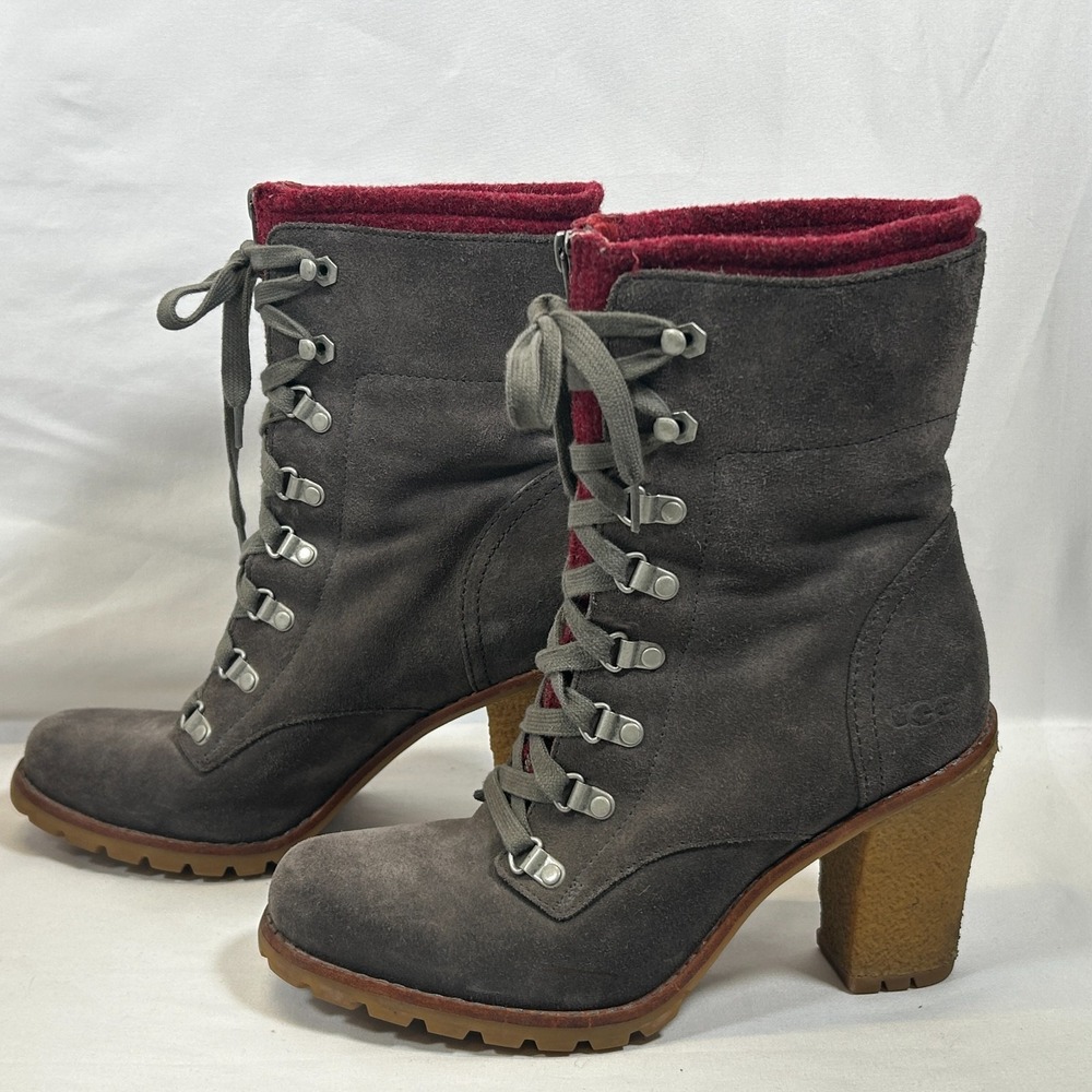 UGG Lace Up Boots Fabrice Gray Suede Leather‎ Wool 4" Heel 1001990 Womens Sz 9